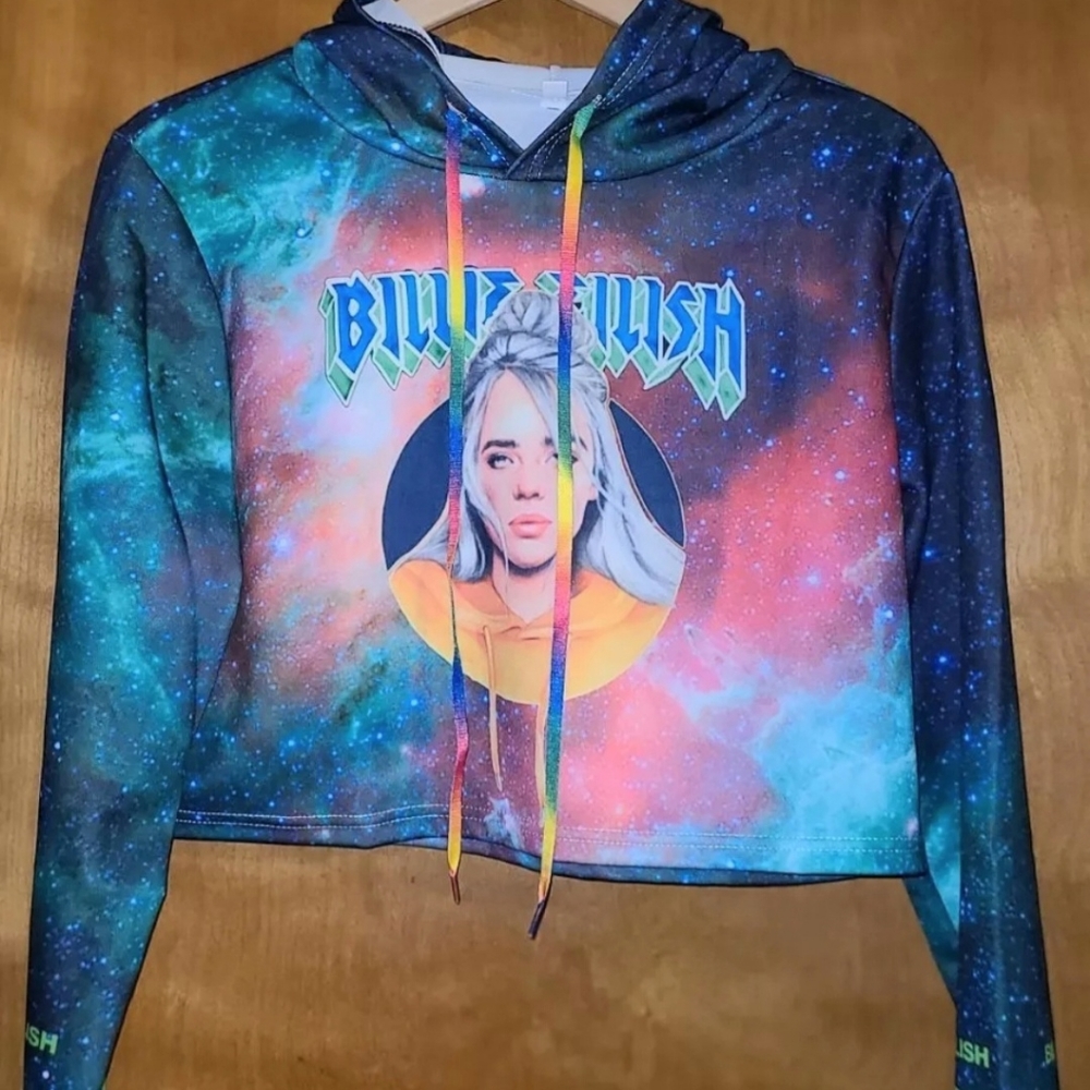 BILLIE EILISH Long Sleeve Galaxy Print  Juniors Size XL Cropped Hooded Shirt